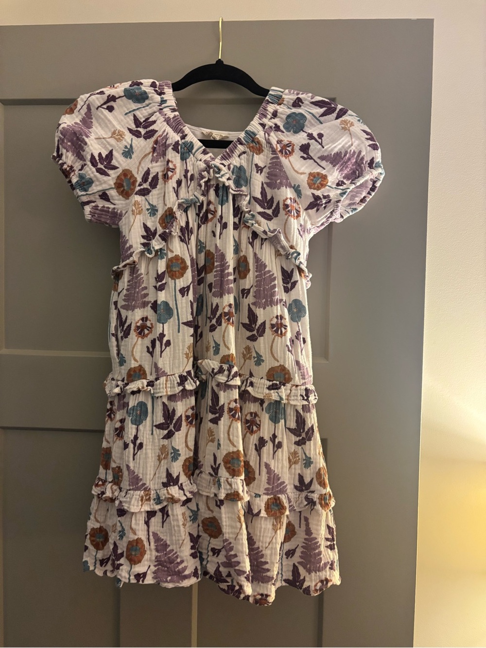 Hayden White Tiered Dress with Purple, Teal & Brown Floral Print
